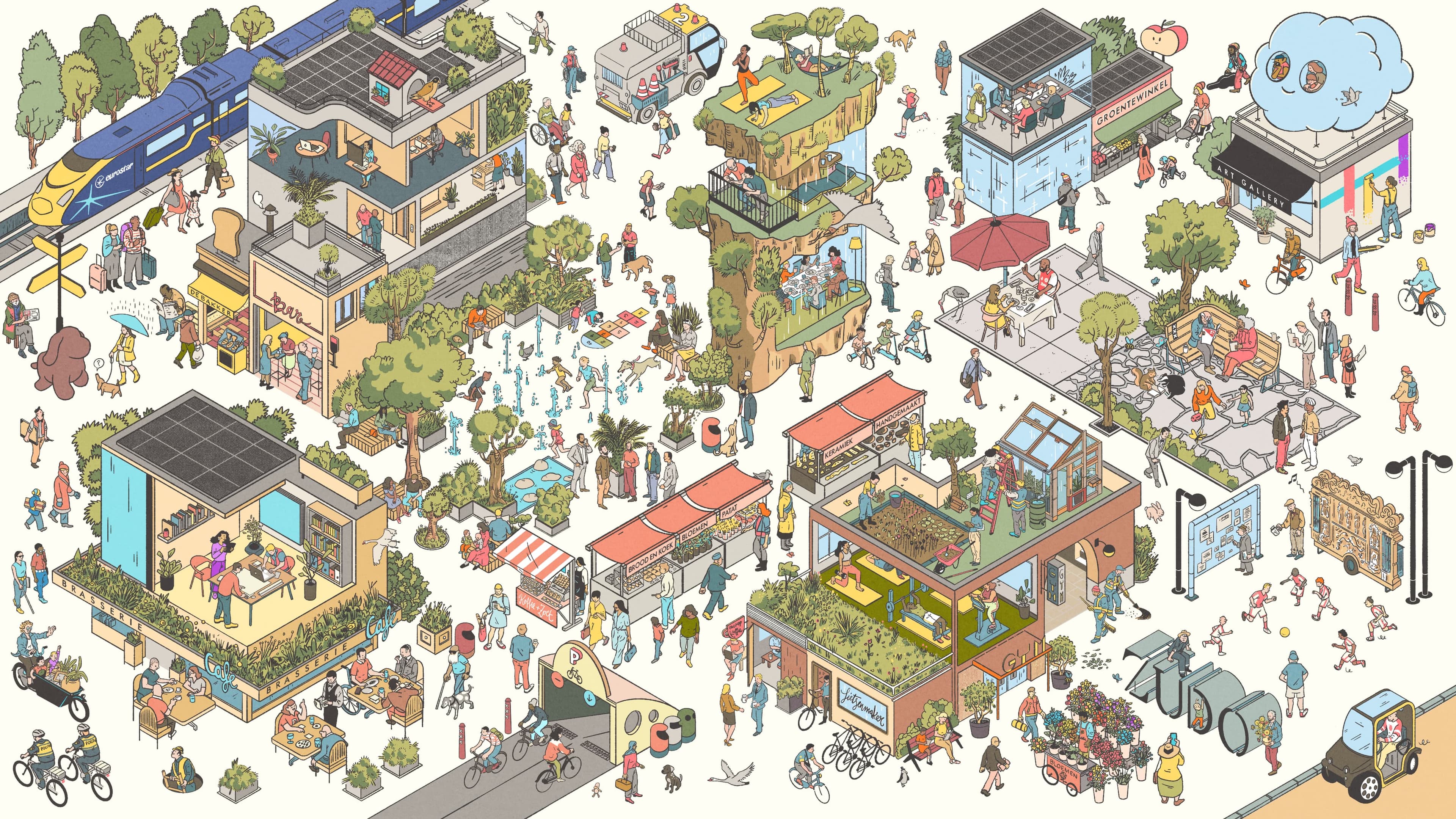Illustrated Zudo village scene with shops, gardens, terraces, people, cyclists, public space and a train.