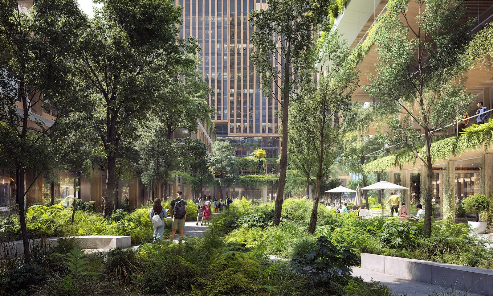 Panoramic view of Amsterdam Zuidas with offices, rail lines and new development.