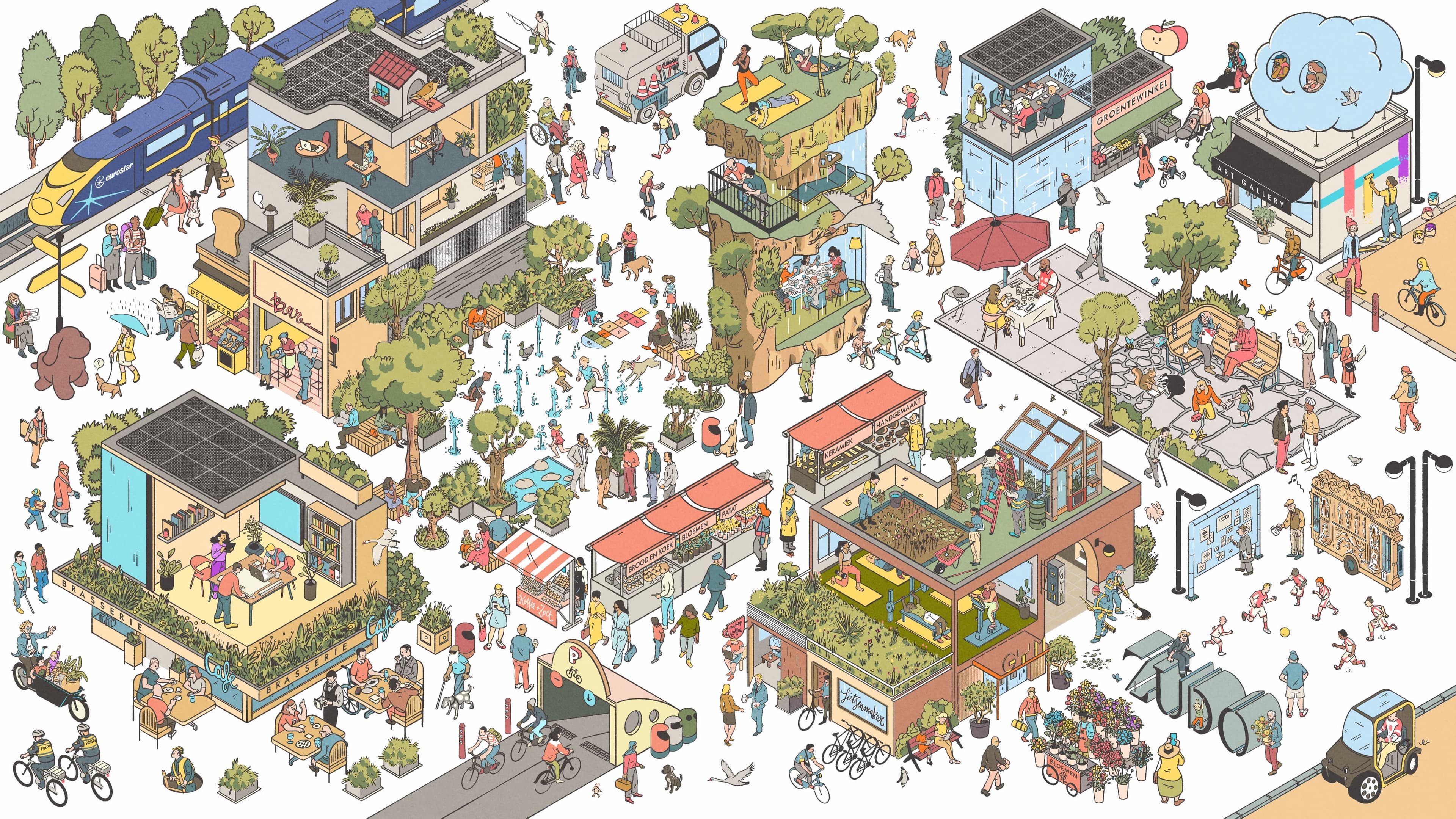 Illustrated Zudo village scene with shops, gardens, terraces, people, cyclists, public space and a train.